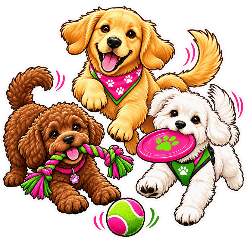 Dogs playing together on a social group walk
