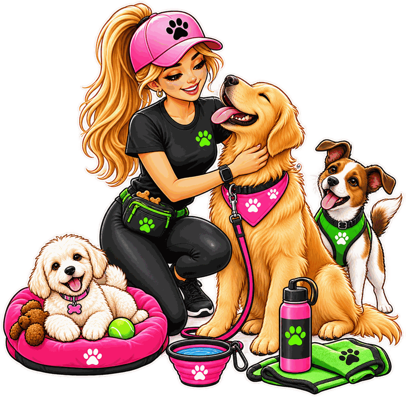 A Walks for Paws carer surrounded by the dogs in her care