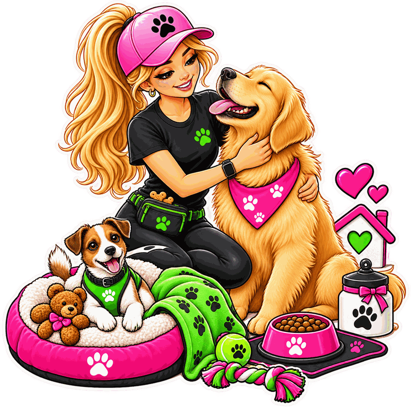 A Walks for Paws carer sitting with her dogs, treating them like family